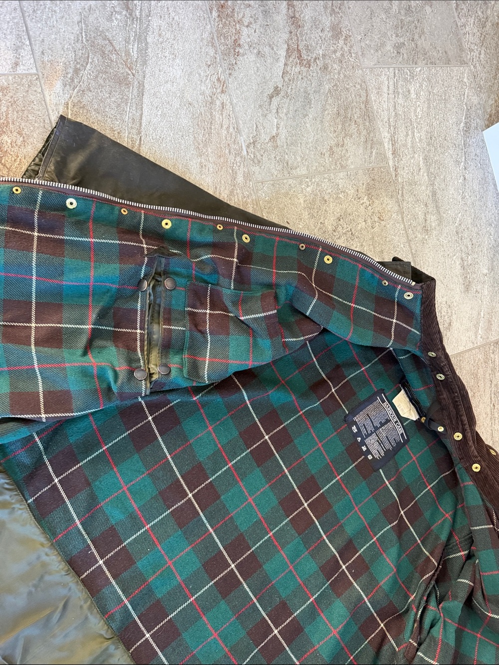 Barbour Dark Olive Waxed Cotton Field Jacket with Brown Cord Collar and Hat - Picture 7 of 16